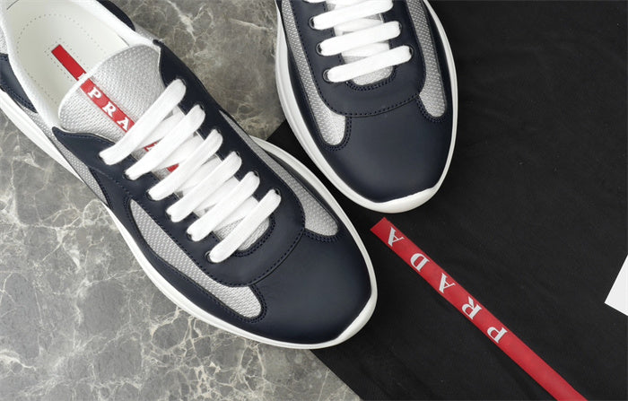 Prada America's Cup Leather Sneakers in Navy and Silver