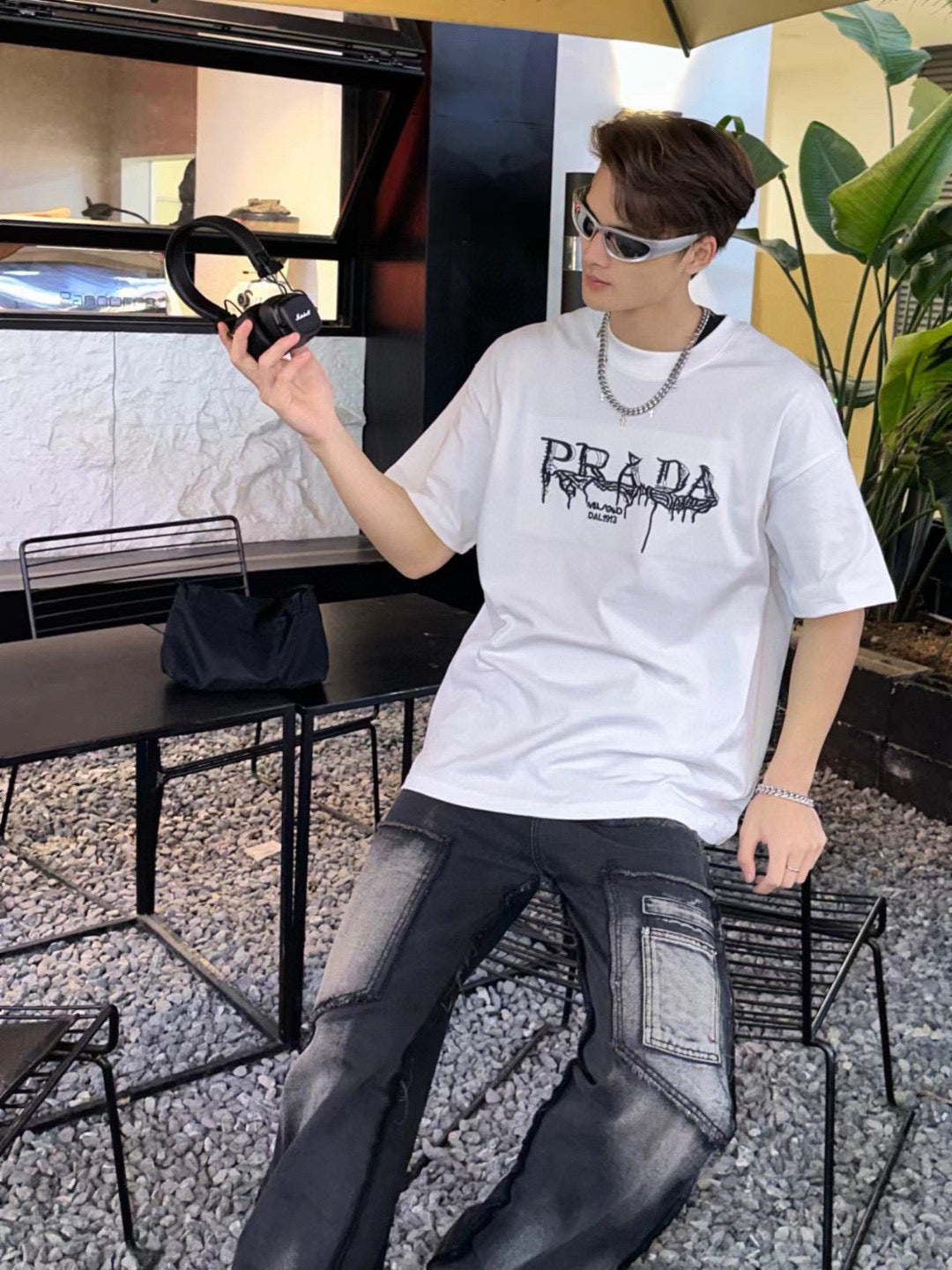 Stylish White Prada Graphic Logo Tee