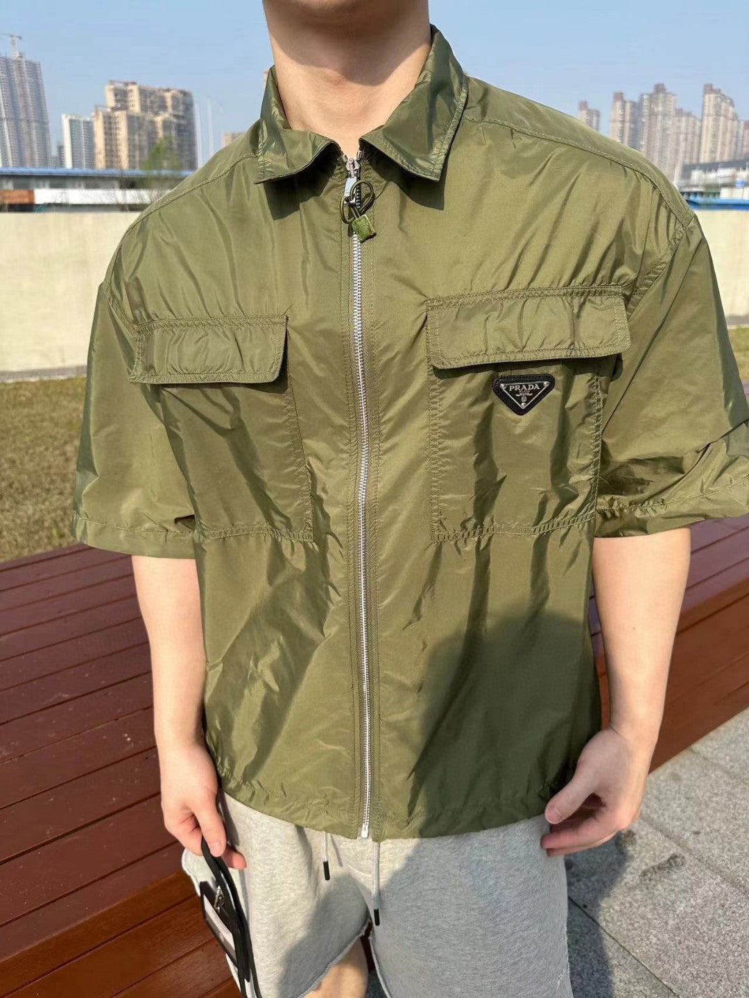 Chic Olive Green Short-Sleeve Jacket by Prada