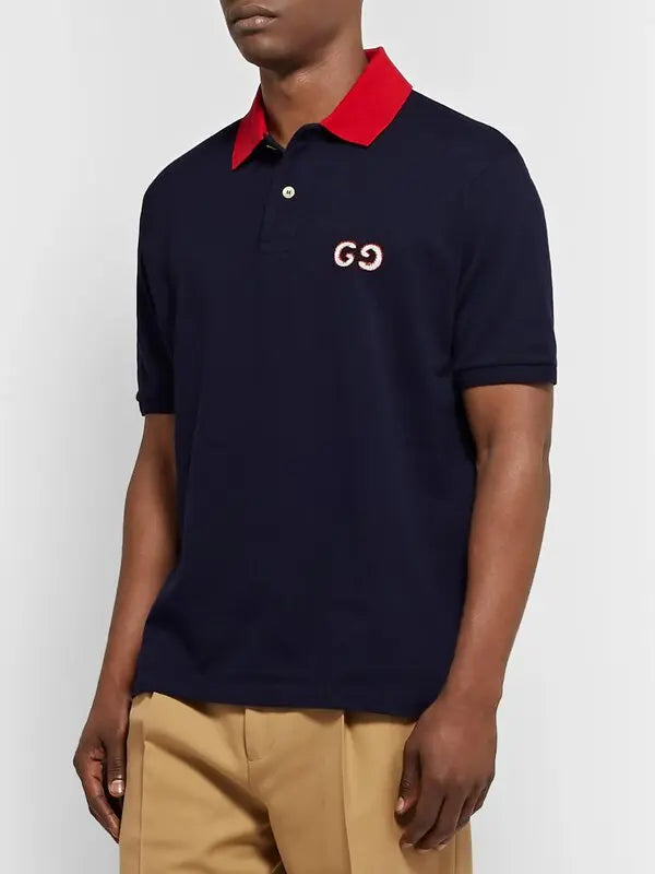 GUCCI || Logo-Embroidered Stretch-Cotton Piqué Polo T-Shirt - Blue