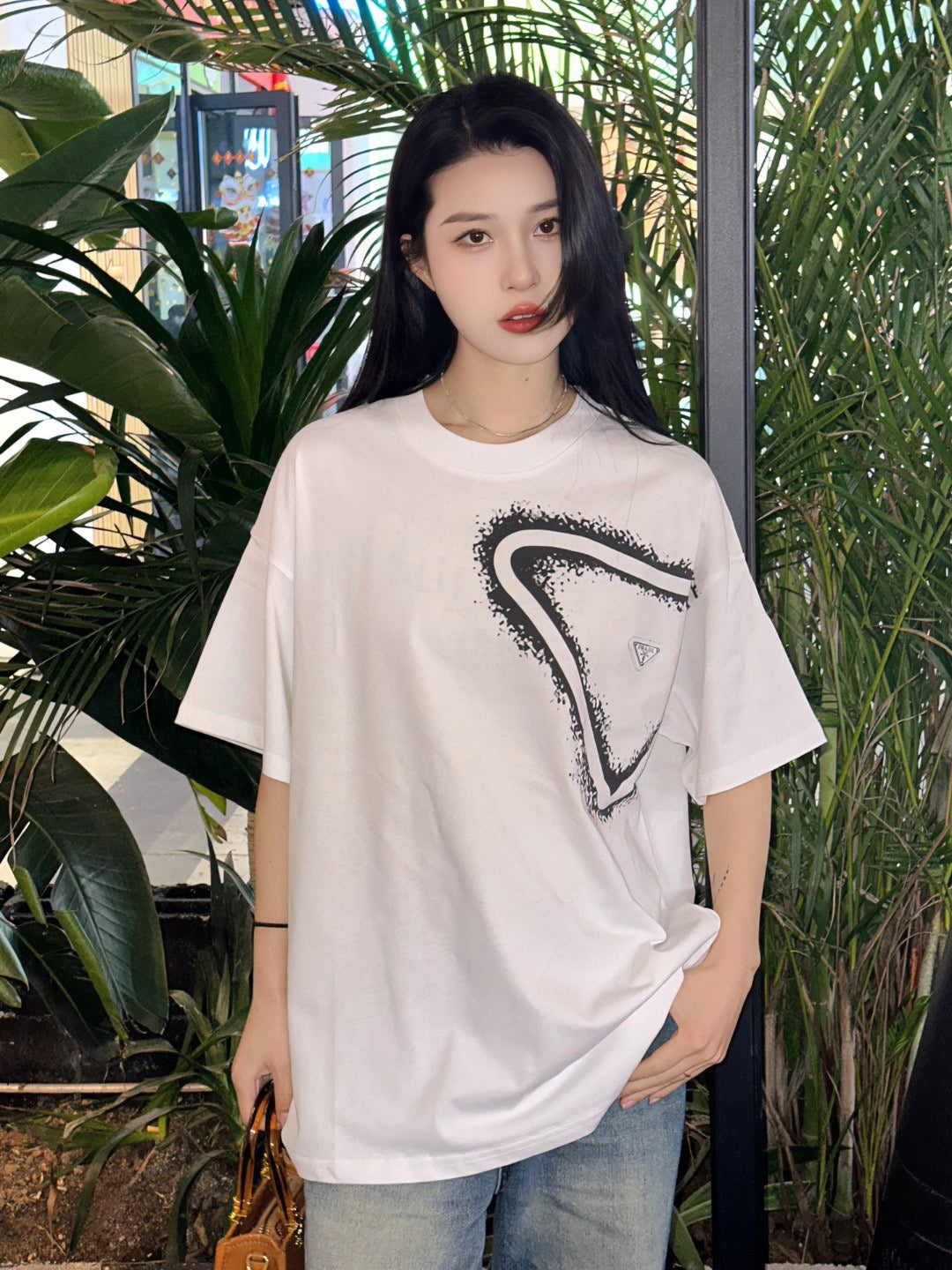 Prada White Triangle Spray Paint Logo Tee