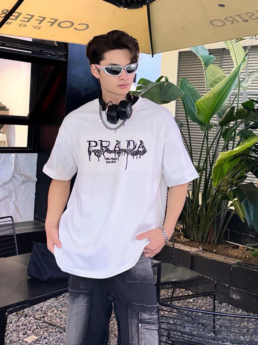 Stylish White Prada Graphic Logo Tee