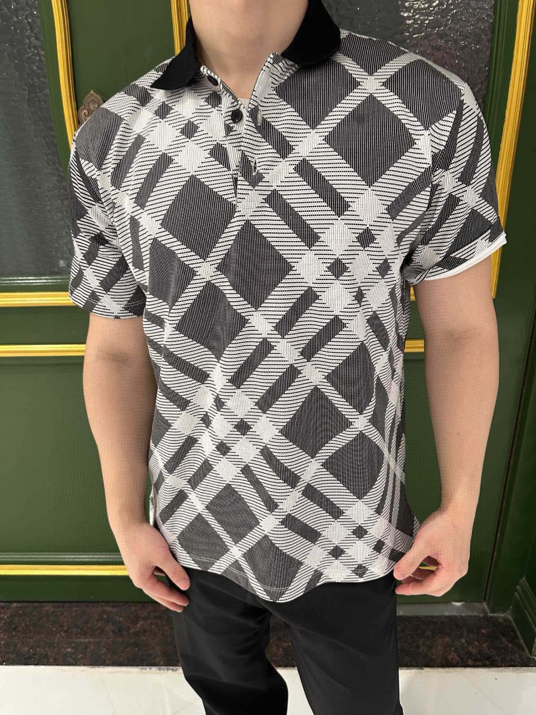 Burberry Geometric Check Polo Shirt (Black and White)