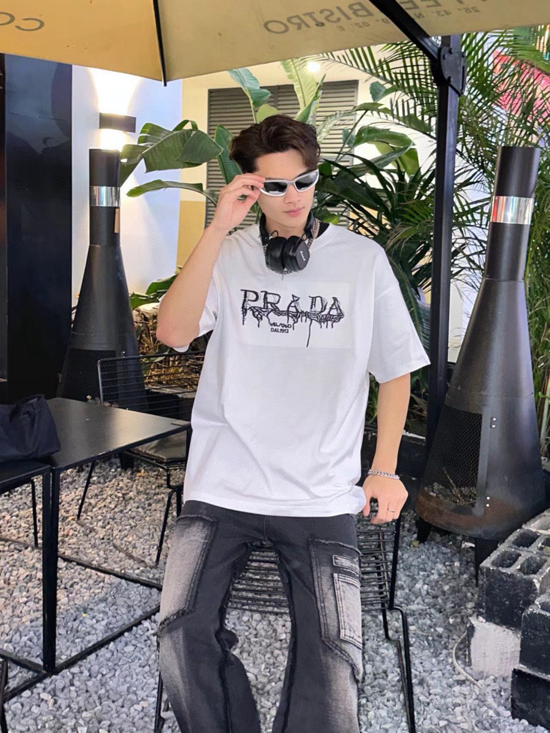 Stylish White Prada Graphic Logo Tee