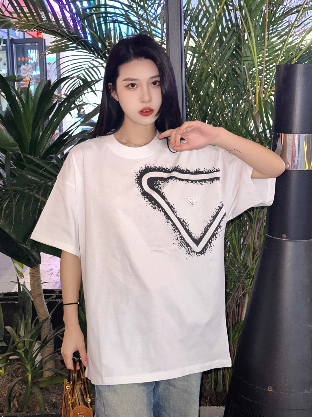 Prada White Triangle Spray Paint Logo Tee