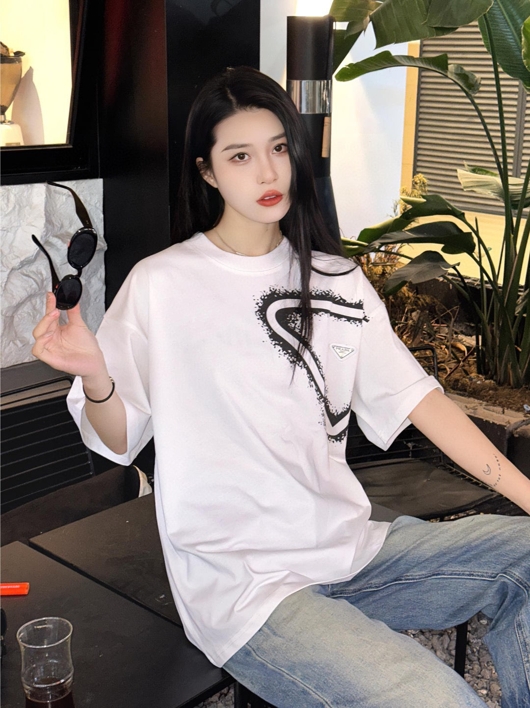 Prada White Triangle Spray Paint Logo Tee