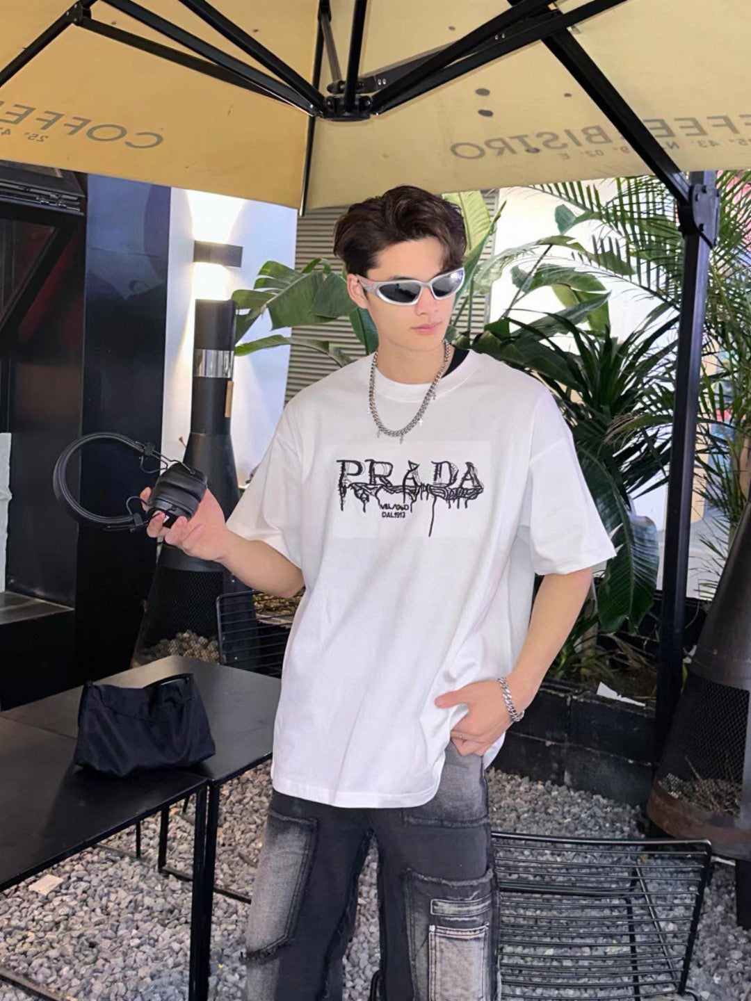 Stylish White Prada Graphic Logo Tee