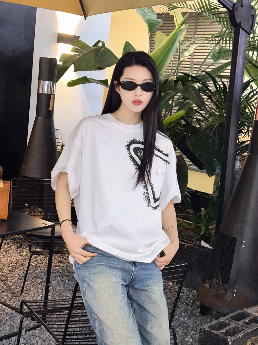 Prada White Triangle Spray Paint Logo Tee