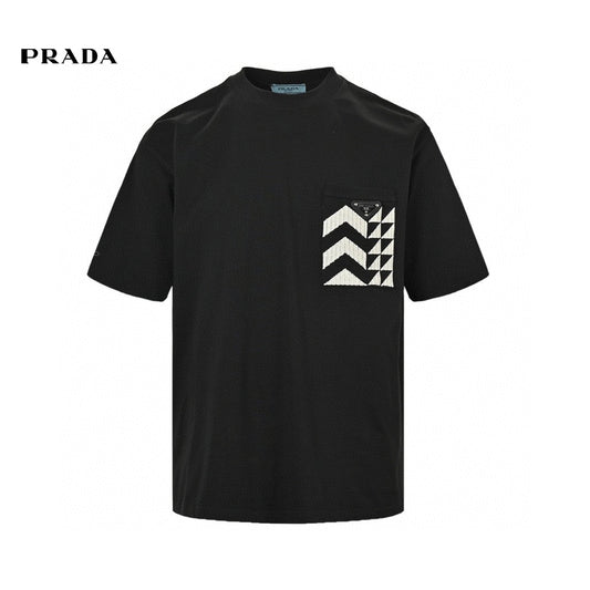 Stylish Black T-Shirt by Prada Featuring a Chic Geometric Pocket Detail