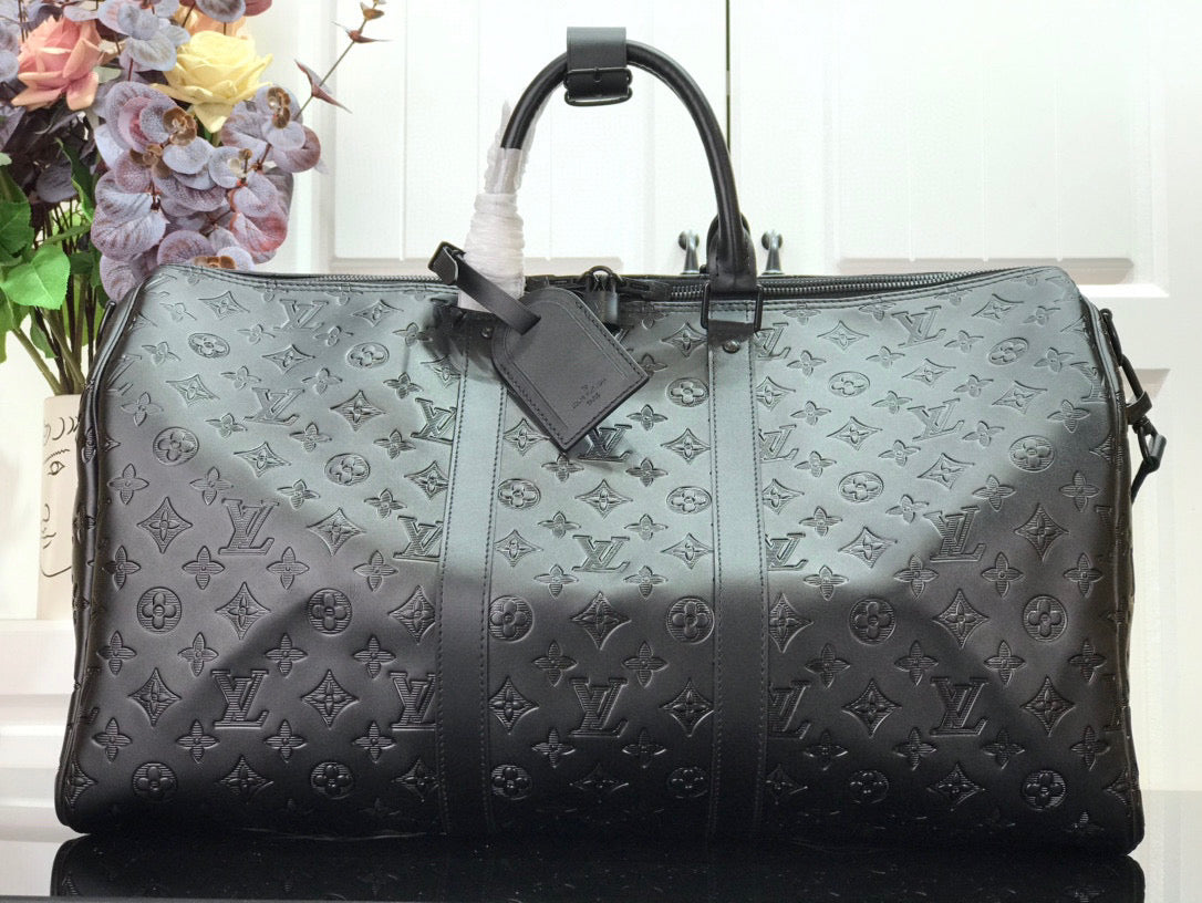 Stylish Black Leather Louis Vuitton Keepall 50 Travel Bag