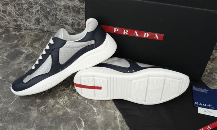 Prada America's Cup Leather Sneakers in Navy and Silver