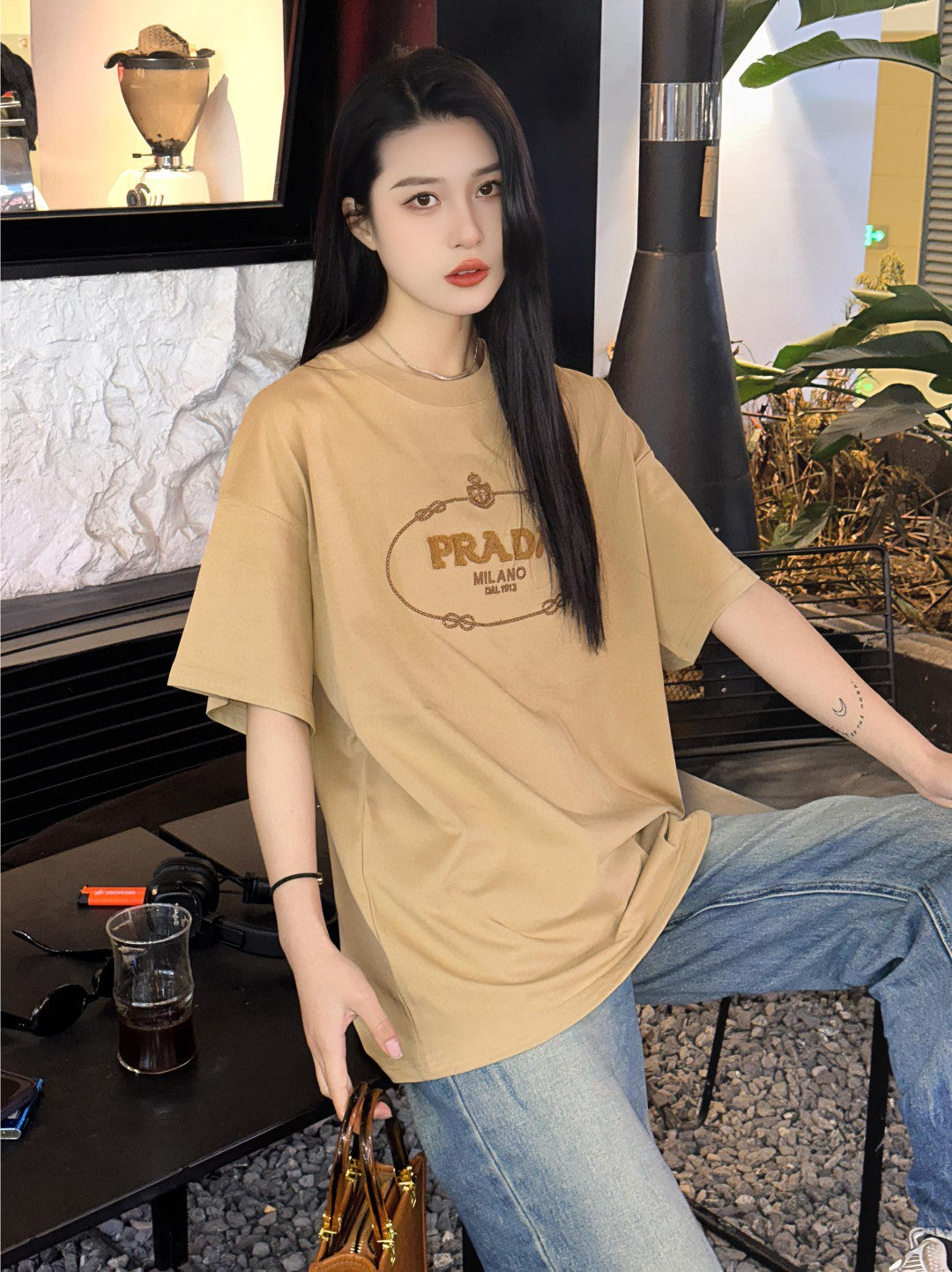 Chic Prada Milano Beige Logo Tee for Effortless Style