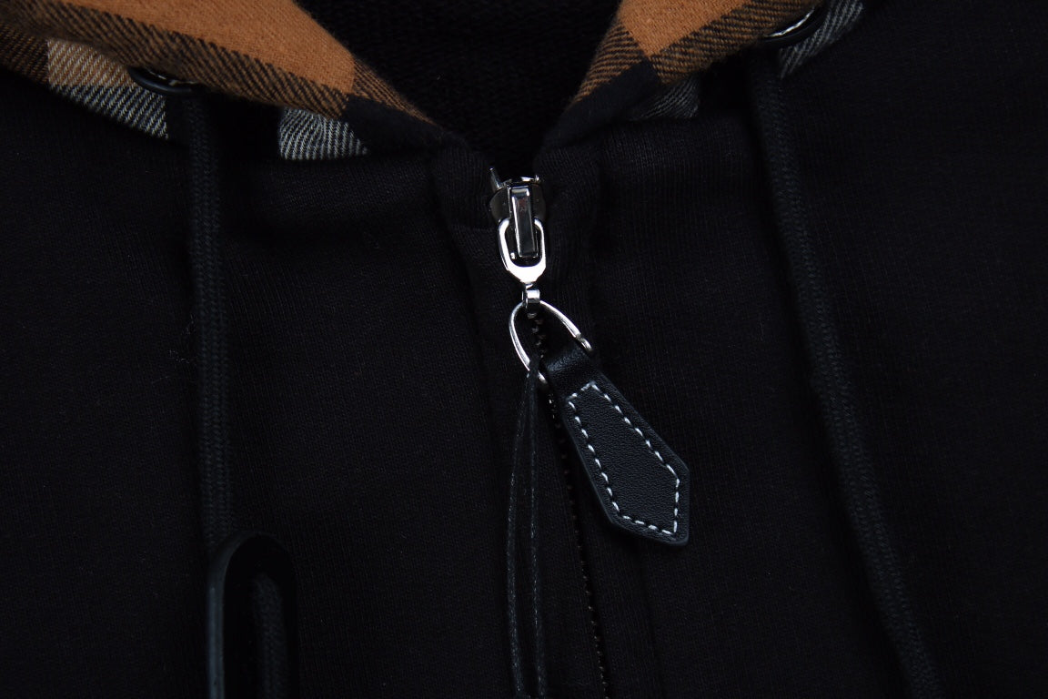 BURBERRY CHECK HOOD COTTON HOODIE BLACK