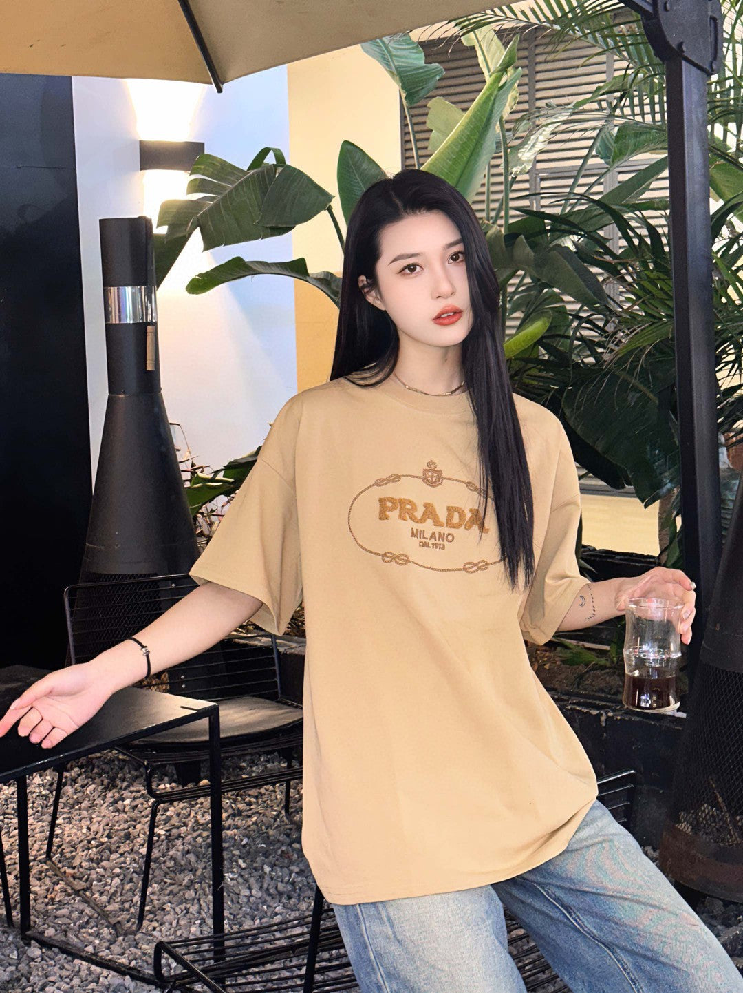 Chic Prada Milano Beige Logo Tee for Effortless Style