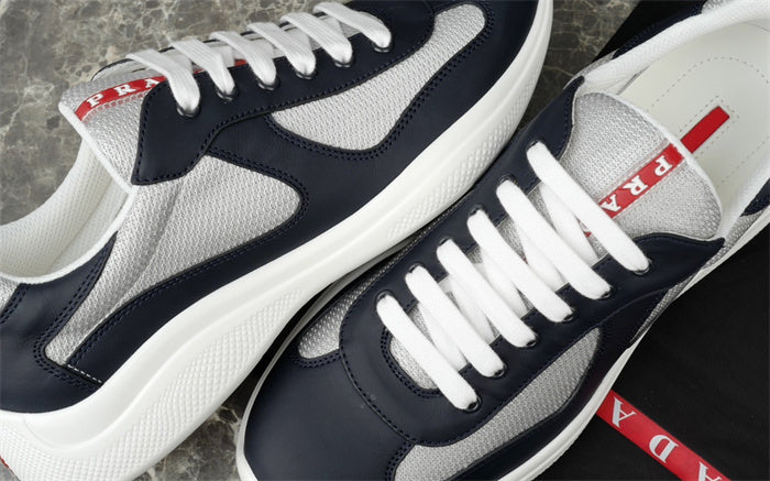 Prada America's Cup Leather Sneakers in Navy and Silver