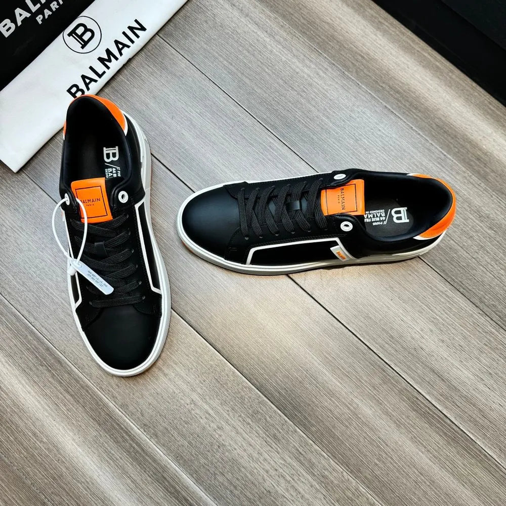 BALMAIN || Logo Patch Low-Top White/Orange ‘B-Court’ Sneakers