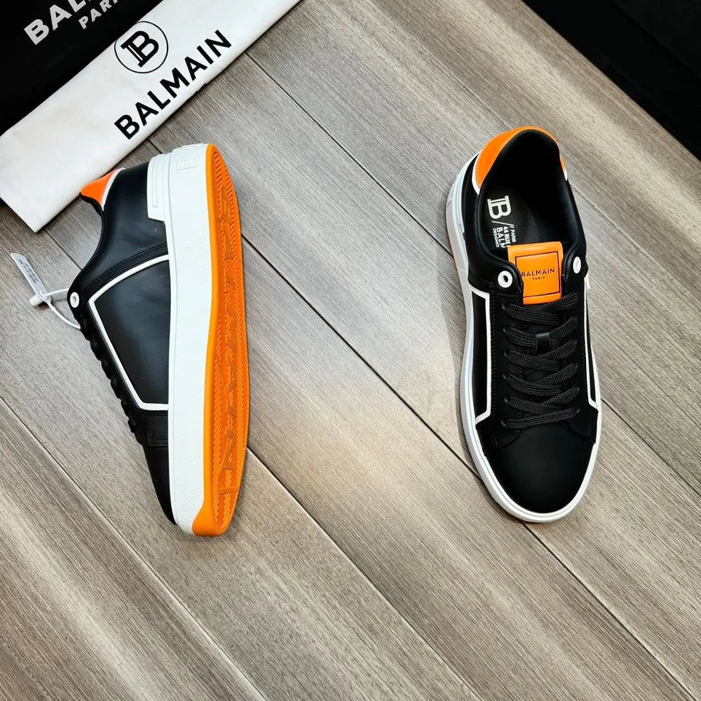 BALMAIN || Logo Patch Low-Top White/Orange ‘B-Court’ Sneakers