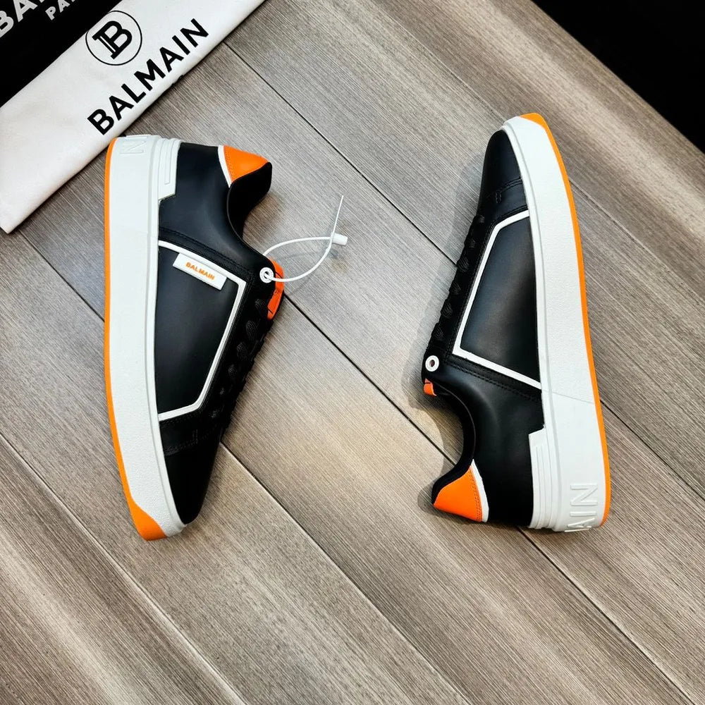 BALMAIN || Logo Patch Low-Top White/Orange ‘B-Court’ Sneakers