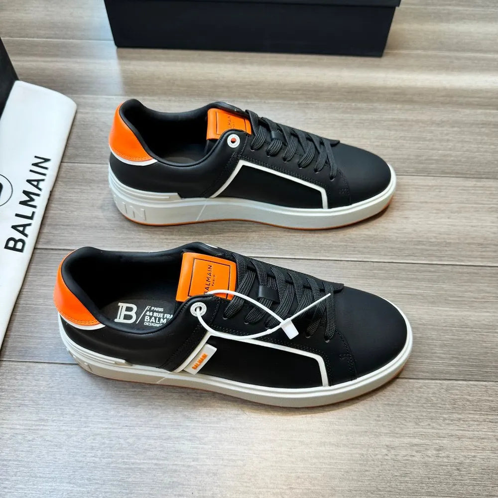 BALMAIN || Logo Patch Low-Top White/Orange ‘B-Court’ Sneakers