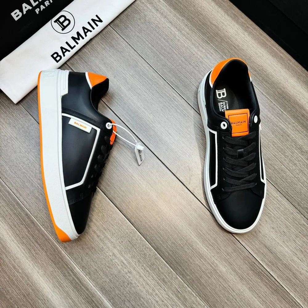 BALMAIN || Logo Patch Low-Top White/Orange ‘B-Court’ Sneakers