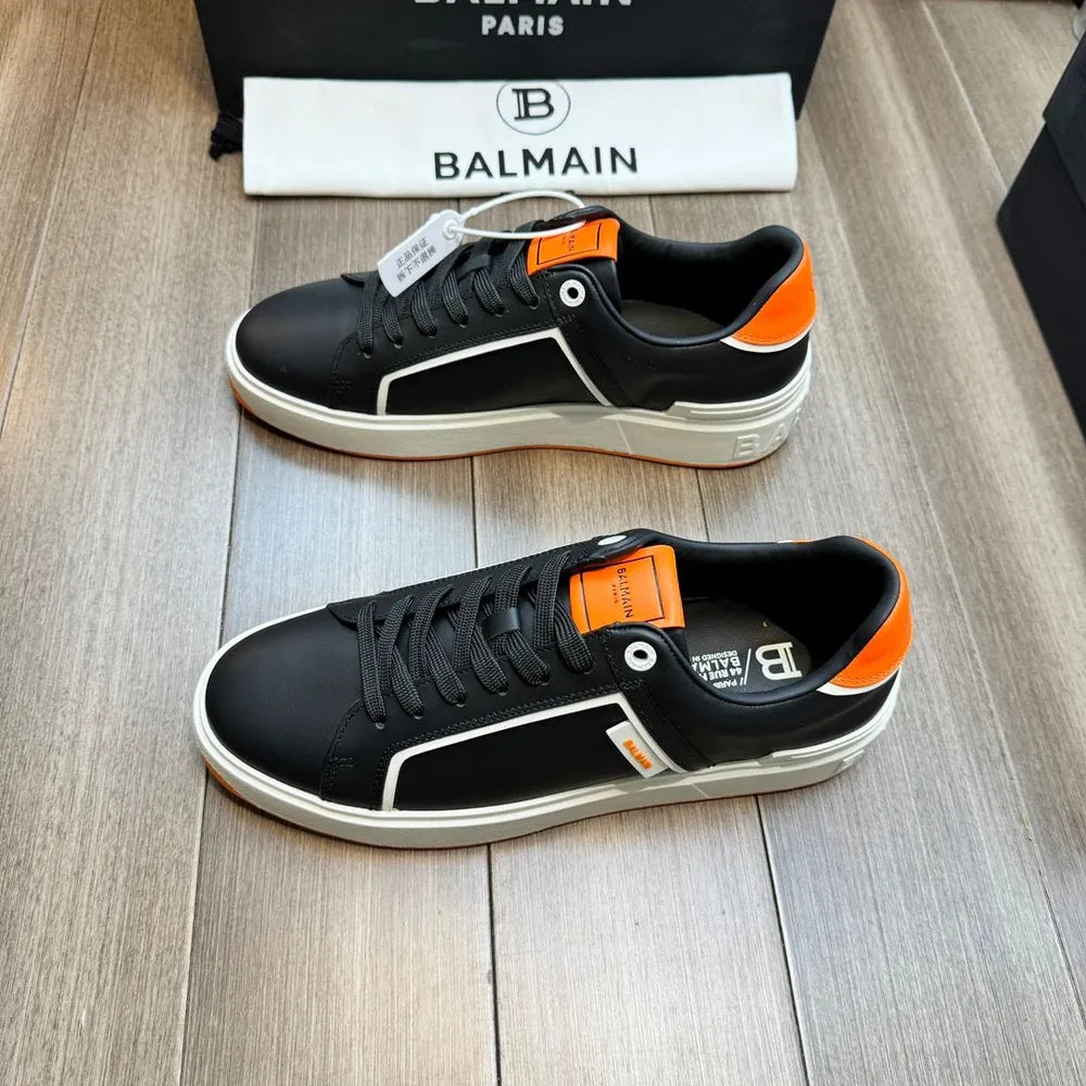 BALMAIN || Logo Patch Low-Top White/Orange ‘B-Court’ Sneakers