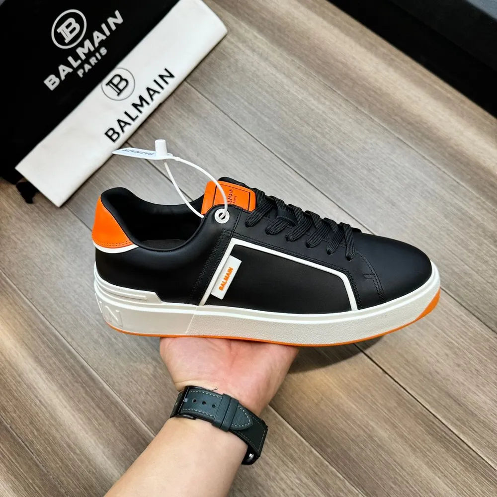 BALMAIN || Logo Patch Low-Top White/Orange ‘B-Court’ Sneakers