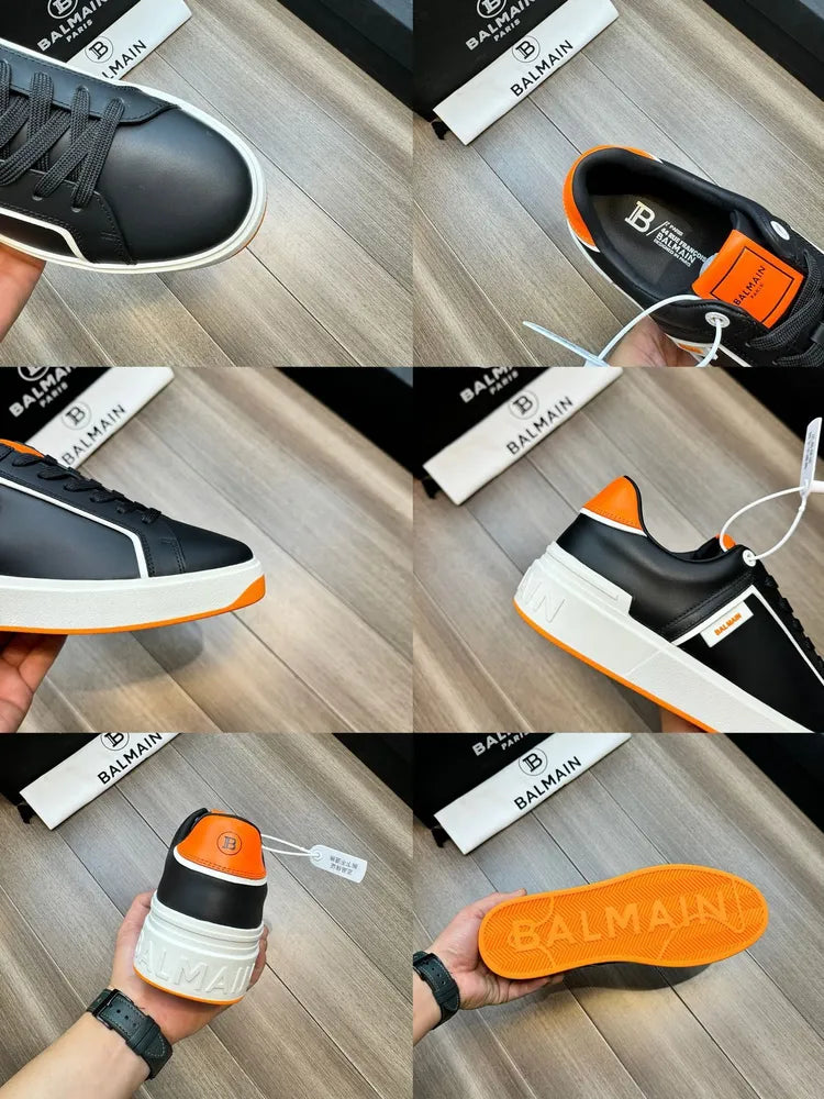 BALMAIN || Logo Patch Low-Top White/Orange ‘B-Court’ Sneakers