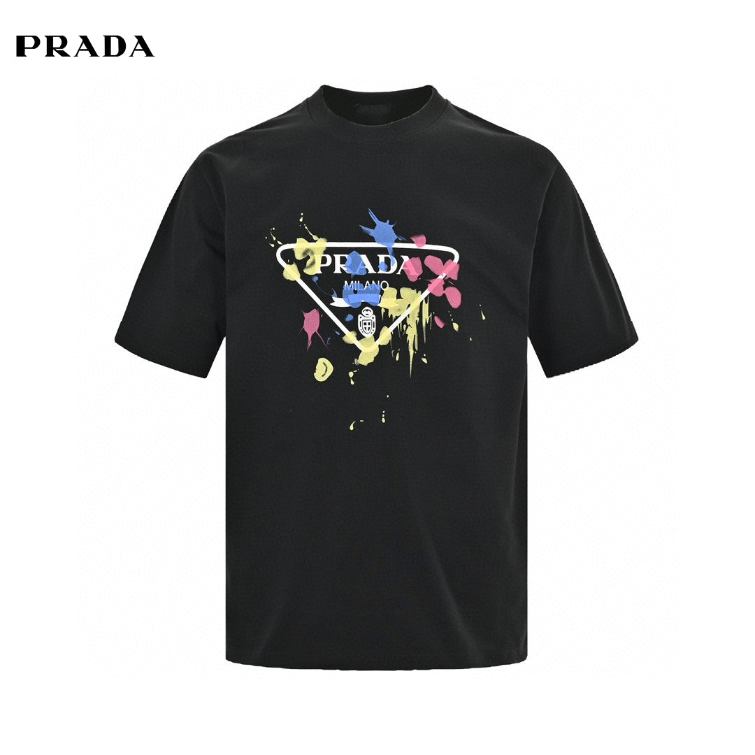 Stylish Prada T-Shirt with Eye-Catching Paint Splatter Logo