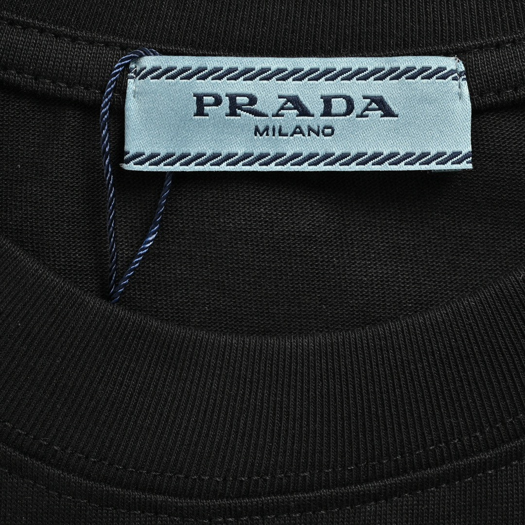 Stylish Black T-Shirt by Prada Featuring a Chic Geometric Pocket Detail