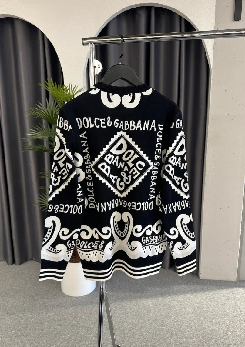 DOLCE & GABBANA || Marina Print Cotton Wool Black Pullover For Men