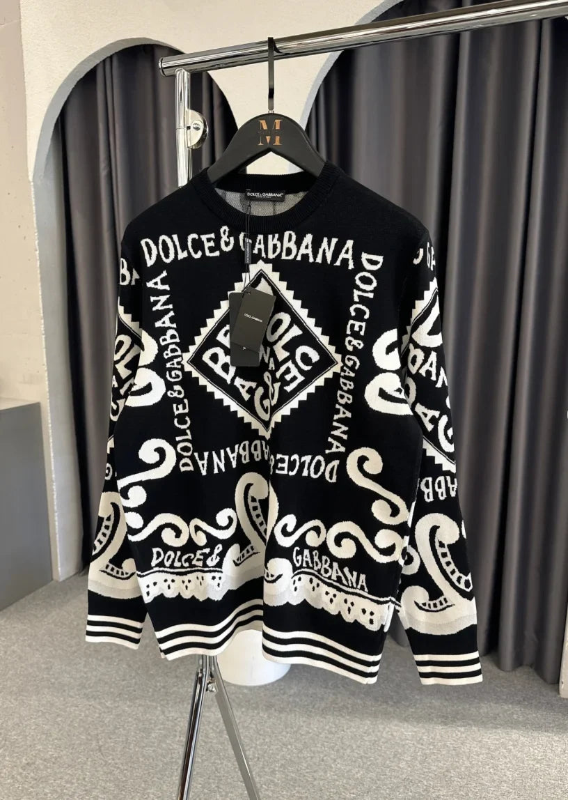 DOLCE & GABBANA || Marina Print Cotton Wool Black Pullover For Men