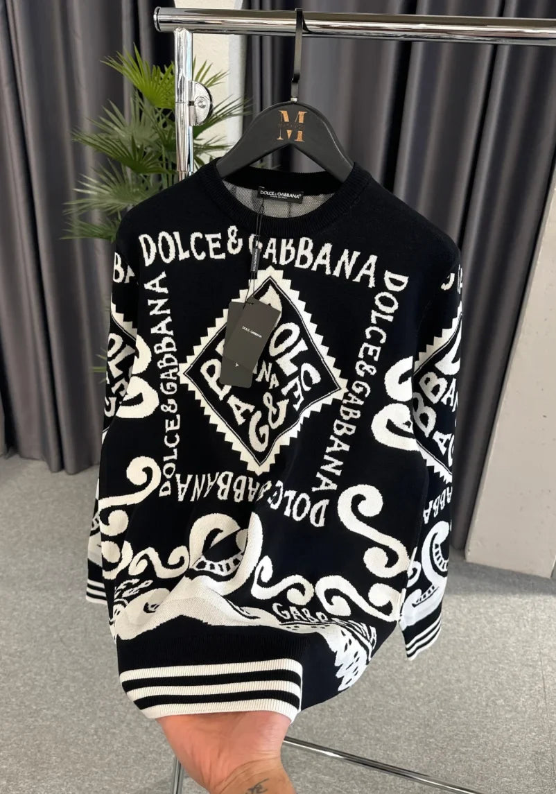 DOLCE & GABBANA || Marina Print Cotton Wool Black Pullover For Men