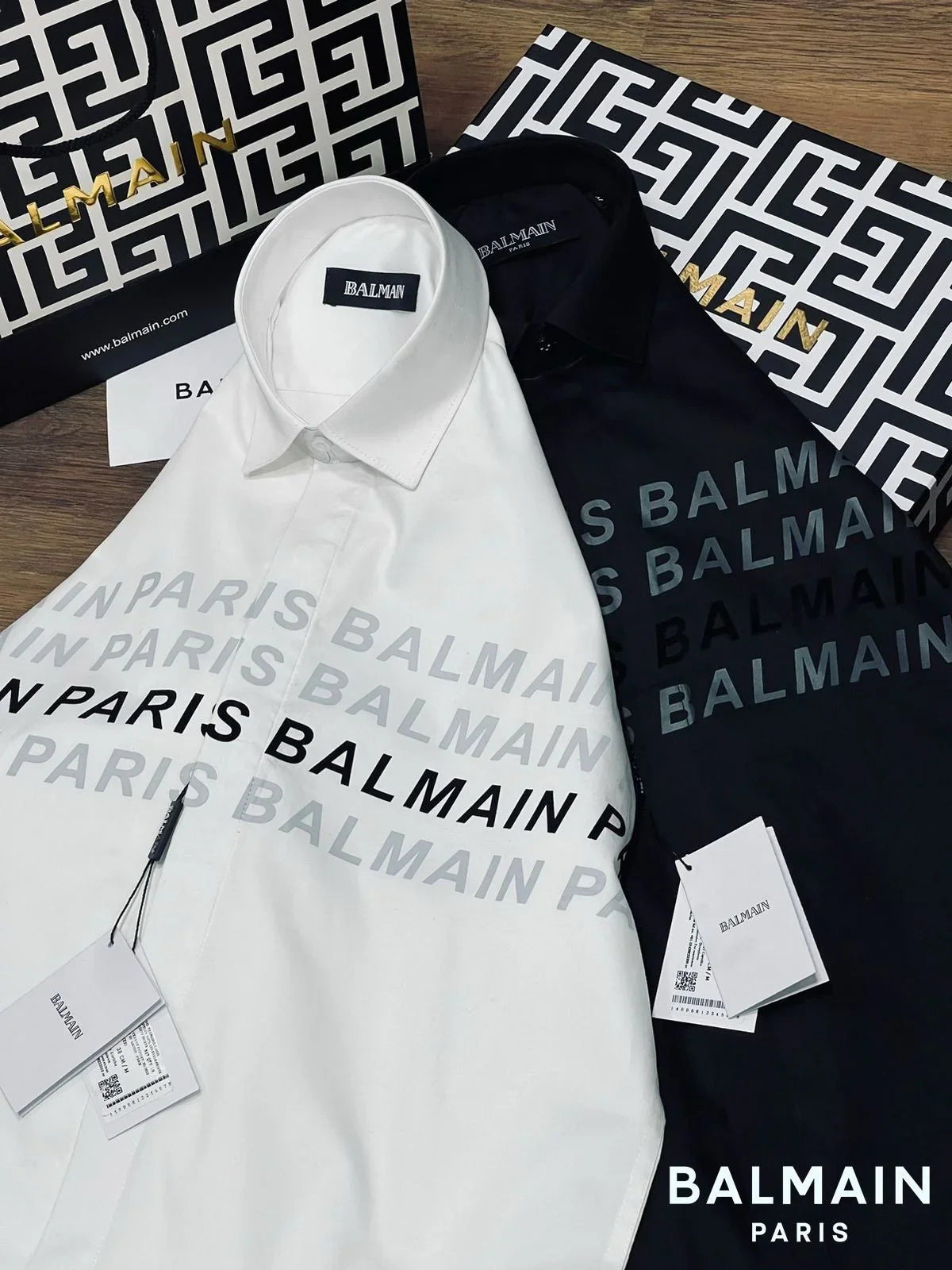 BALMAIN || Typographic Print Shirt With Curved Hemline