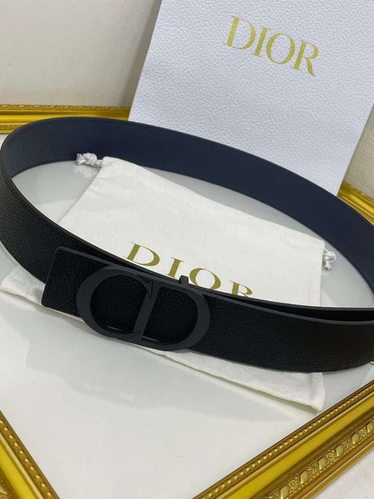 Christian Dior Men Reversible Grained Calfskin Leather Belt Ghw (Black/Navy Blue)