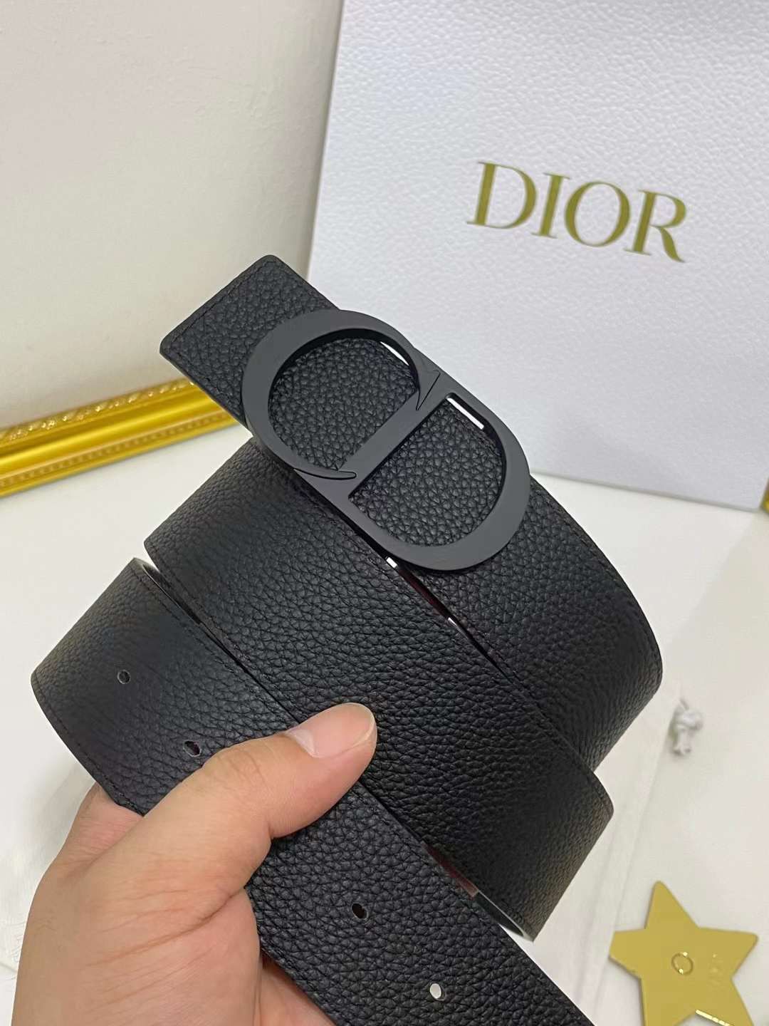 Christian Dior Men Reversible Grained Calfskin Leather Belt Ghw (Black/Navy Blue)