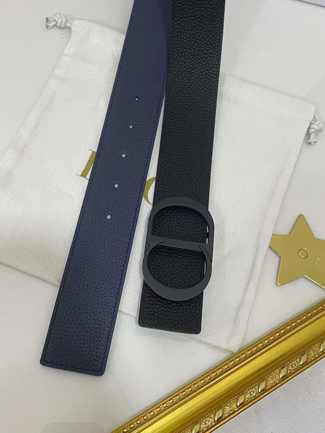 Christian Dior Men Reversible Grained Calfskin Leather Belt Ghw (Black/Navy Blue)