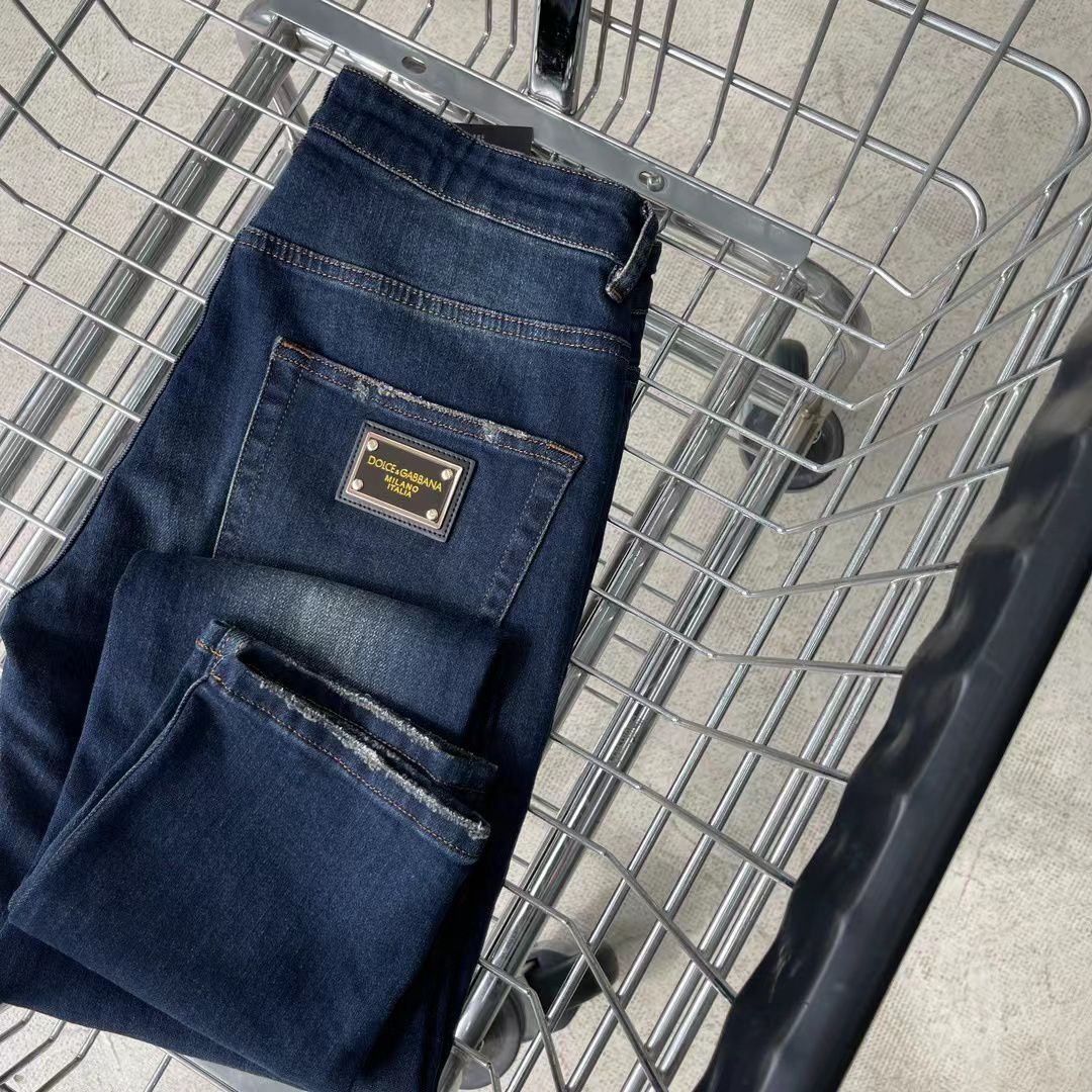 DOLCE & GABBANA || Mens Blue Metal Logo Rugged Jeans