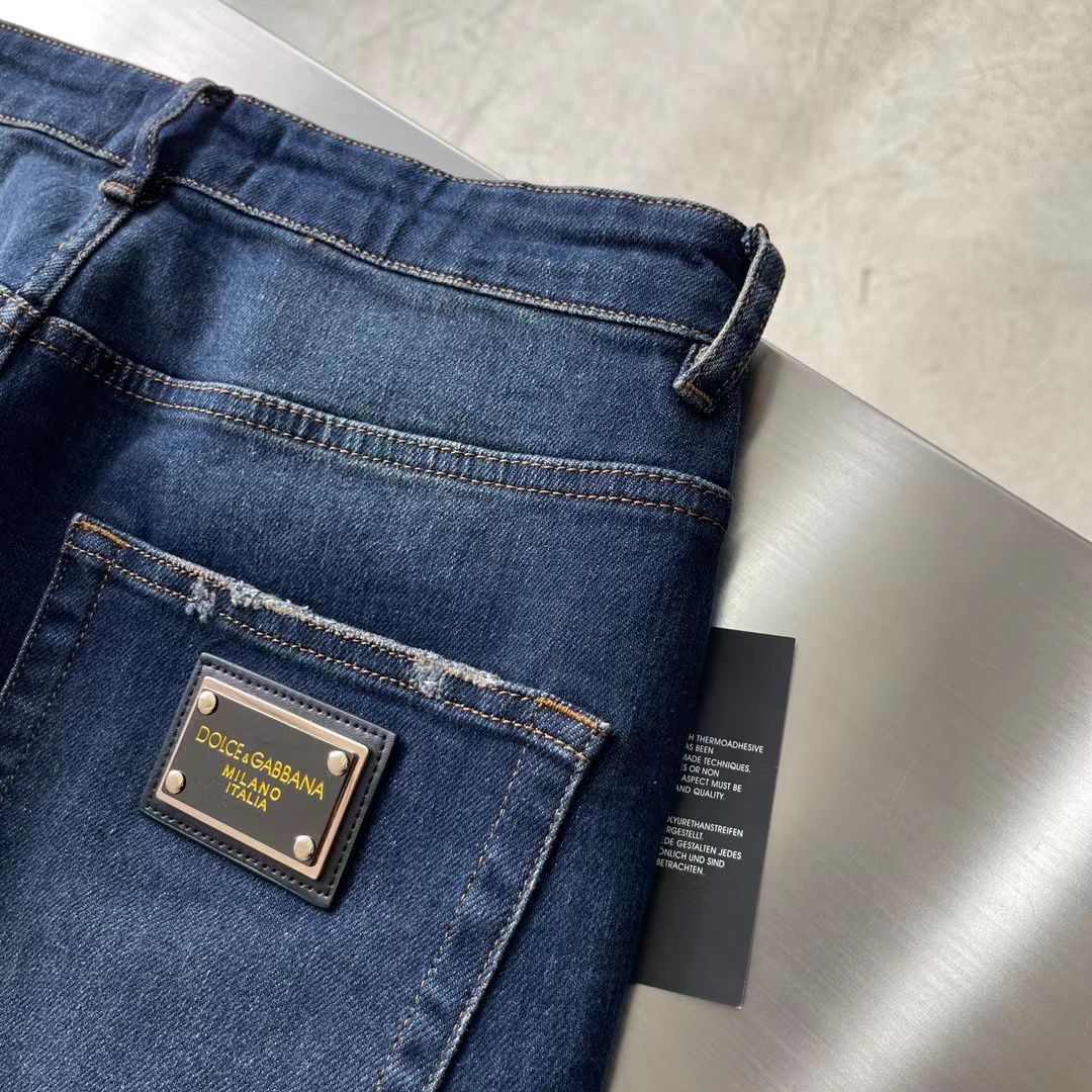 DOLCE & GABBANA || Mens Blue Metal Logo Rugged Jeans