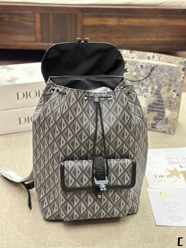 CHRISTIAN DIOR || Small Dior Hit The Road Backpack Dior Gray CD Diamond Canvas and Smooth Calfskin