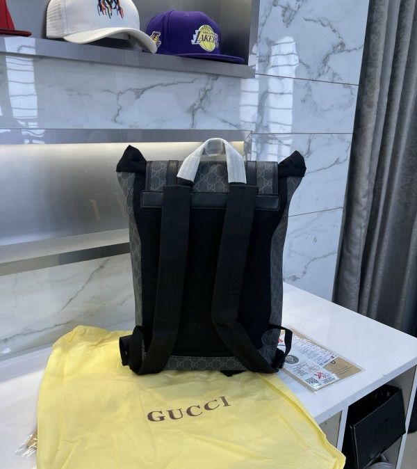 Gucci Soft Backpack GG Supreme Web Straps Brown Yellow / Black Yellow