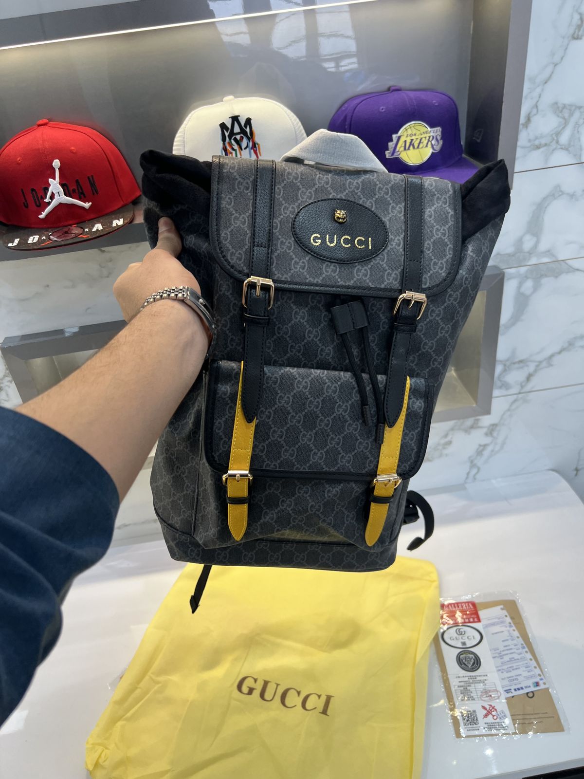 Gucci Soft Backpack GG Supreme Web Straps Brown Yellow / Black Yellow