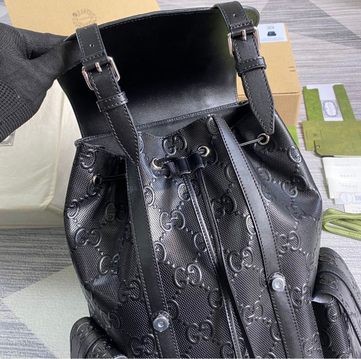 Gucci || Black GG Debossed Nylon Backpack