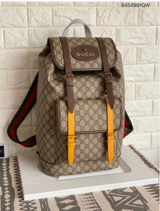 Gucci Soft Backpack GG Supreme Web Straps Brown Yellow / Black Yellow