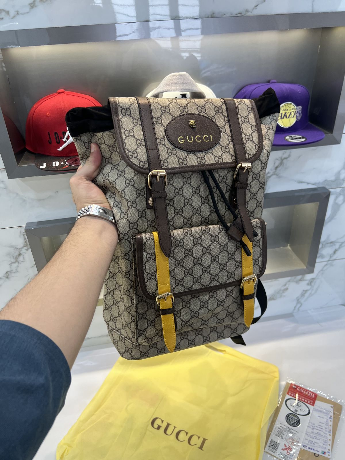 Gucci Soft Backpack GG Supreme Web Straps Brown Yellow / Black Yellow