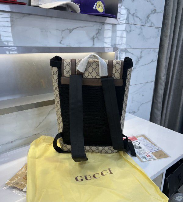 Gucci Soft Backpack GG Supreme Web Straps Brown Yellow / Black Yellow