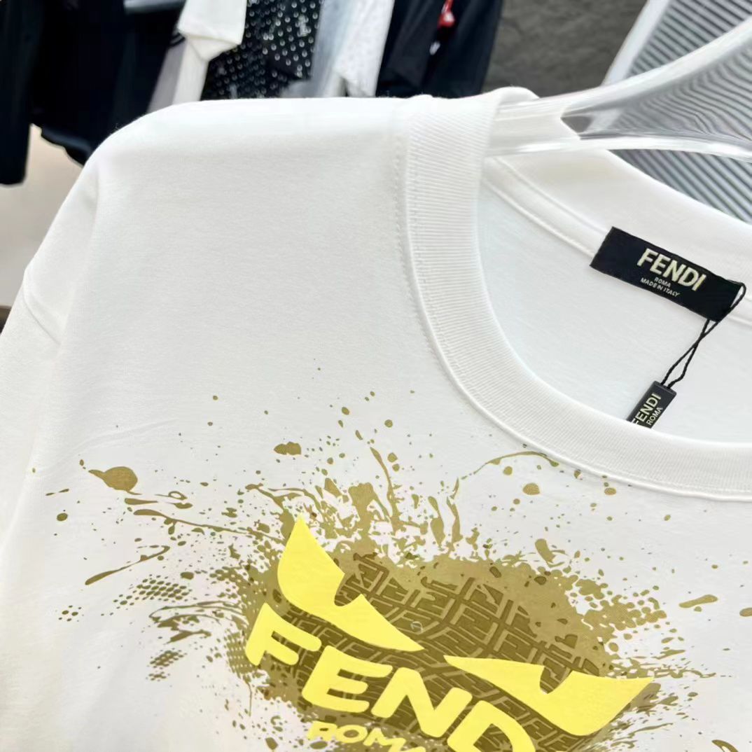 FENDI || Cat Eye Logo Short Sleeve White T-Shirts For Men