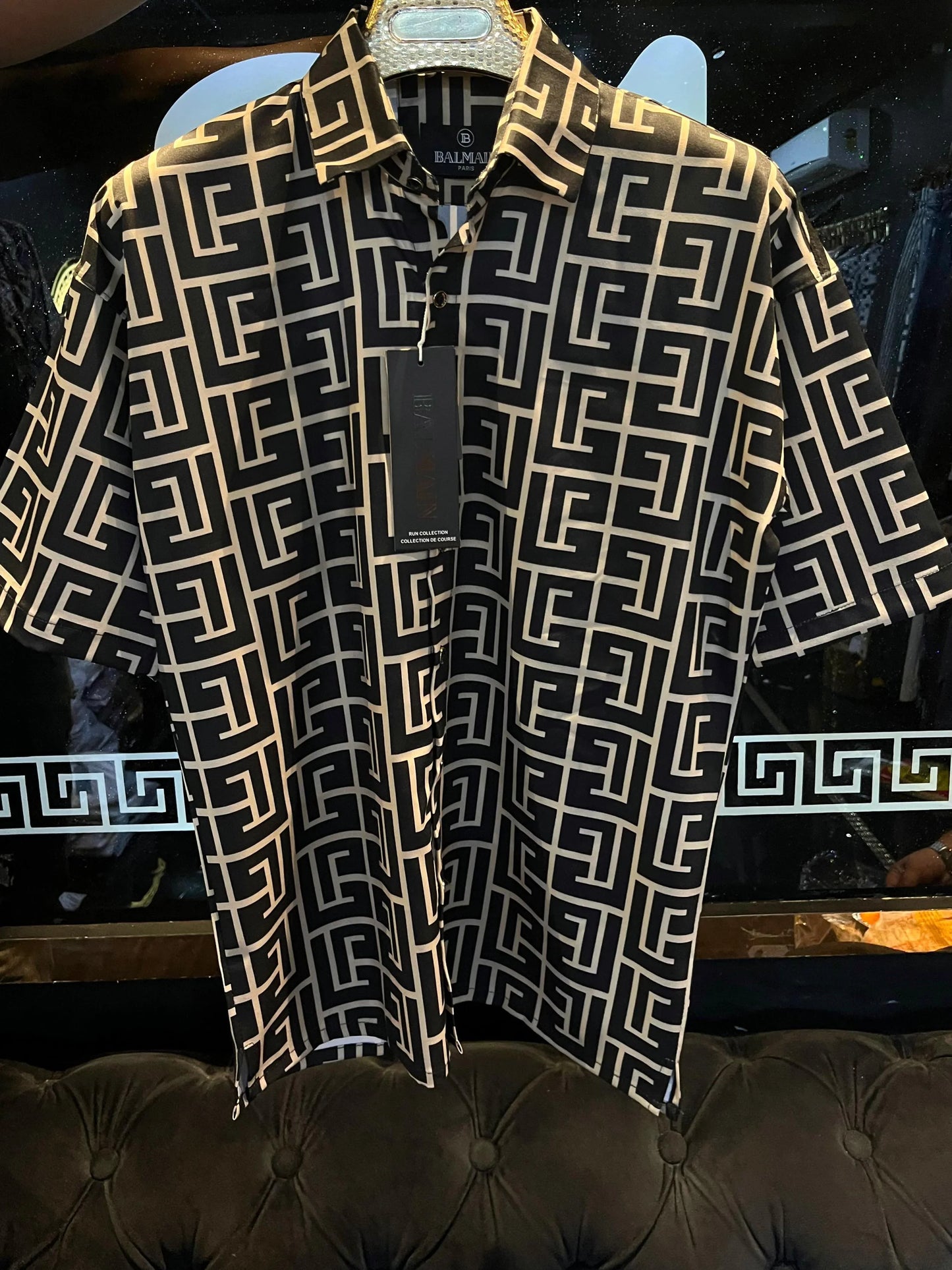 BALMAIN || Black Pyramid Monogram Printed Shirt