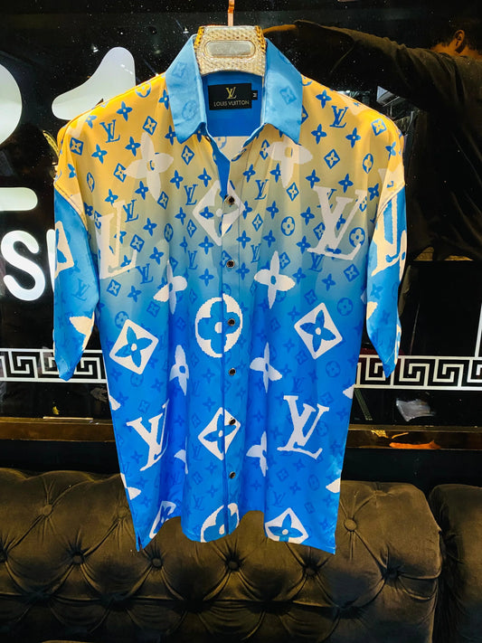 LOUIS VUITTON ||  Blue Monogram Print Silk Button Front Shirt