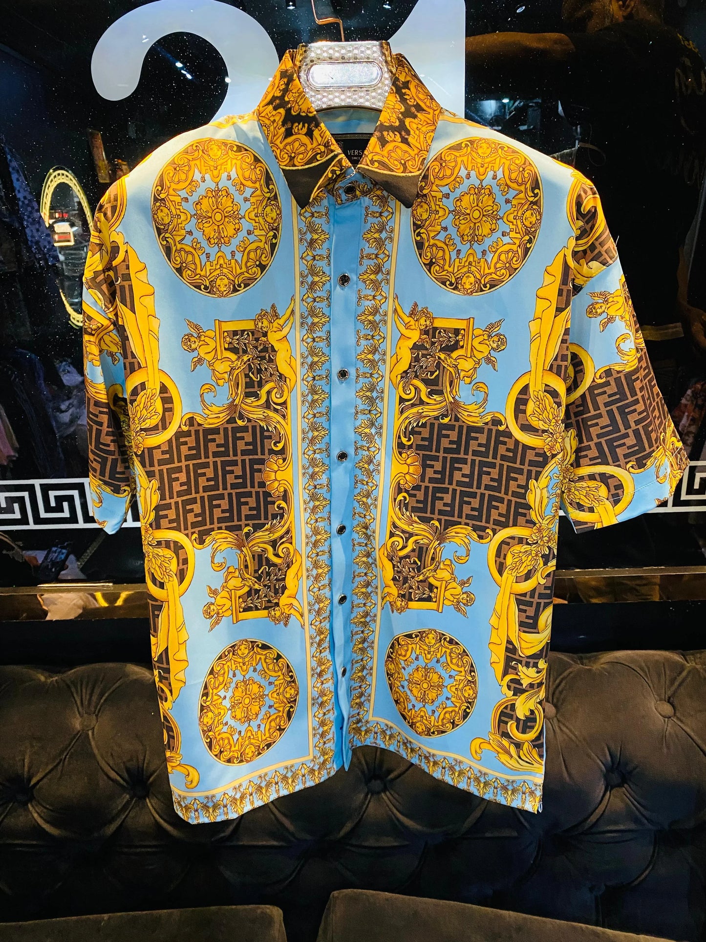 FENDI || Fendace Wild Baroque Silk Shirt Gold/Blue