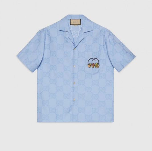 GUCCI || JUMBO GG COTTON JACQUARD BOWLING SHIRT IN BLUE FOR MEN